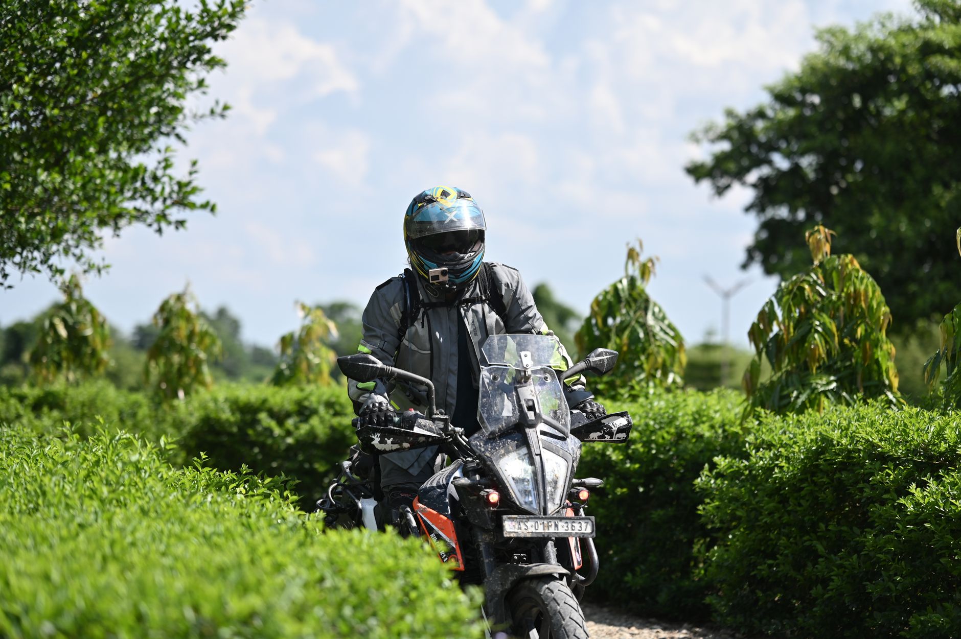 A person riding a motorcycle through lush greenery in Guwahati, India, enjoying a sunny day.