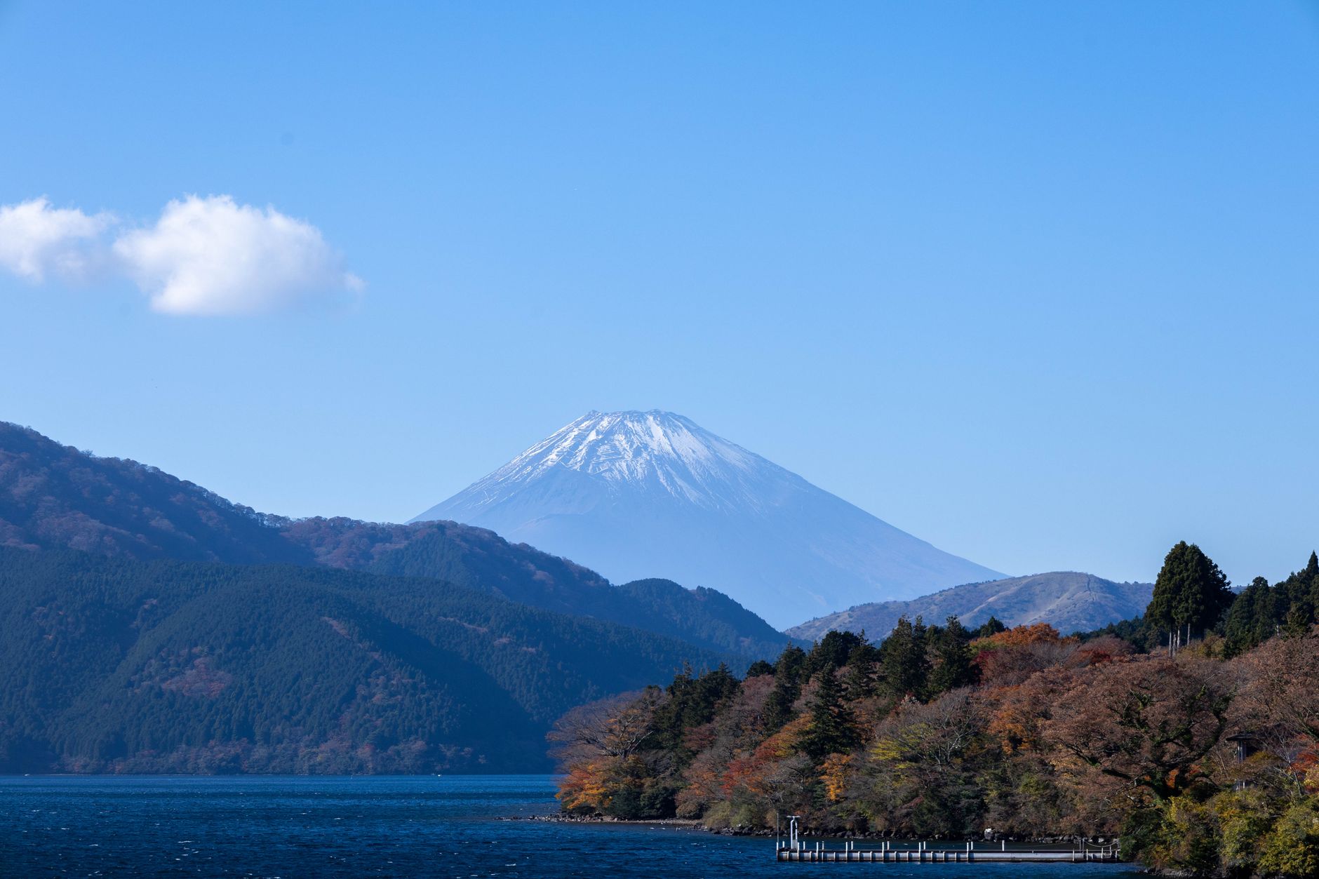 Stunning autumn landscape of Mount Fuji with vibrant foliage and blue lake.
