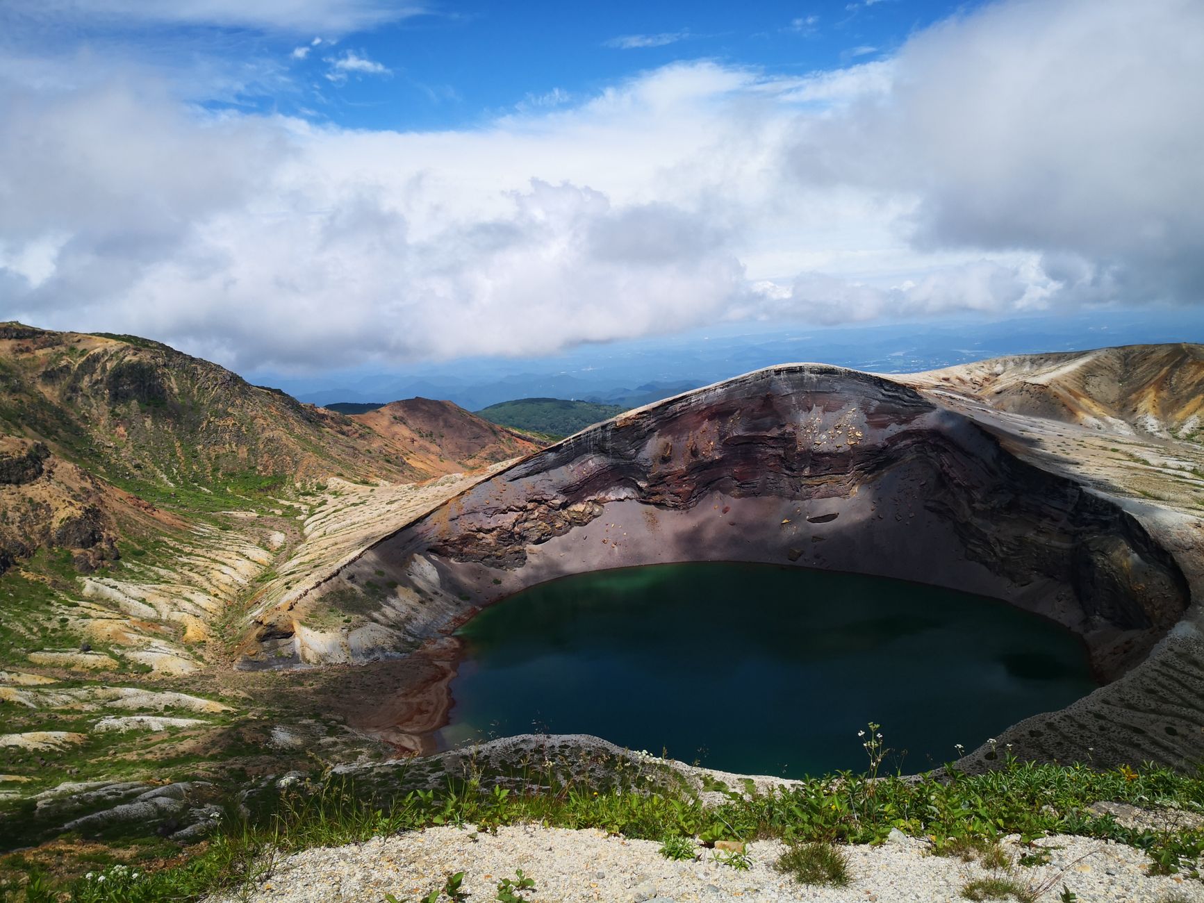A stunning view of the Okama volcanic crater lake surrounded by mountains under a clear blue sky.
